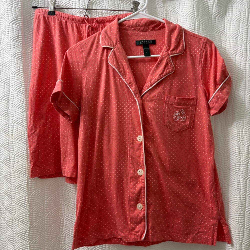 Lauren Ralph Lauren Women's Polka Dot Pajama Set Top Shorts Coral Size S‎